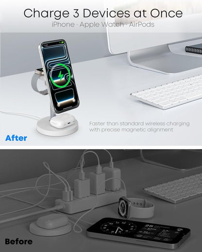 3 in 1 Magnetic Wireless Charging Station, 15W Charger for iPhone, White