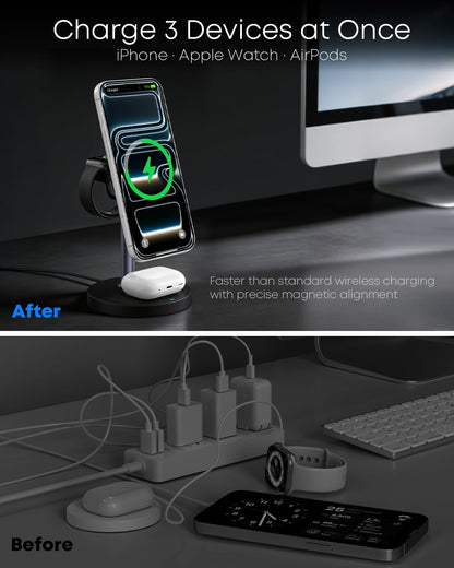 3 in 1 Magnetic Wireless Charging Station, 15W Charger for iPhone, White