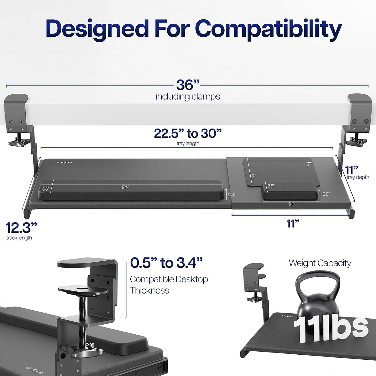 Black Clamp-on 23” to 30” x 11" Adjustable Keyboard Tray, Mount-KBST1