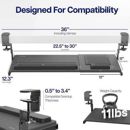 Black Clamp-on 23” to 30” x 11" Adjustable Keyboard Tray, Mount-KBST1
