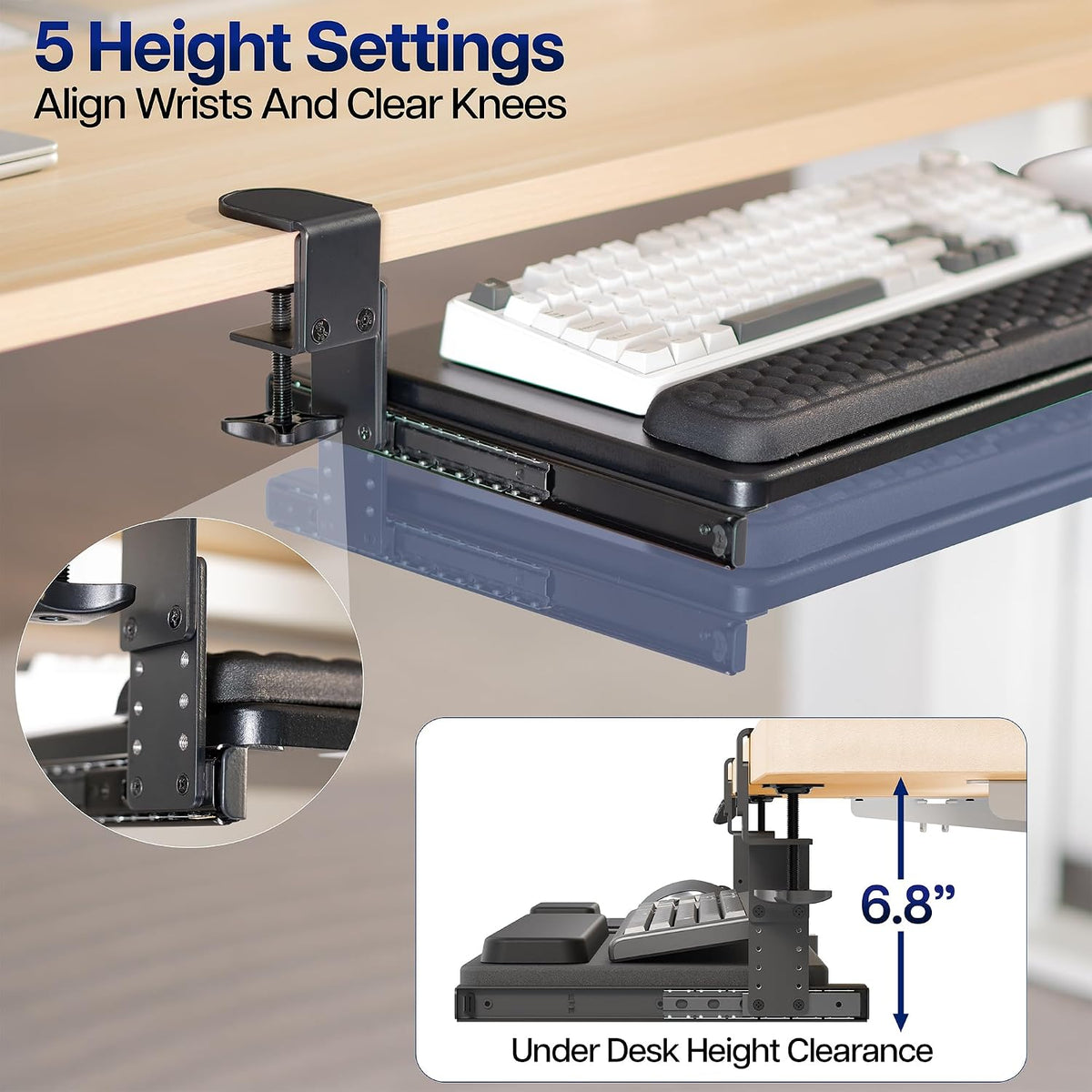Black Clamp-on 23” to 30” x 11" Adjustable Keyboard Tray, Mount-KBST1