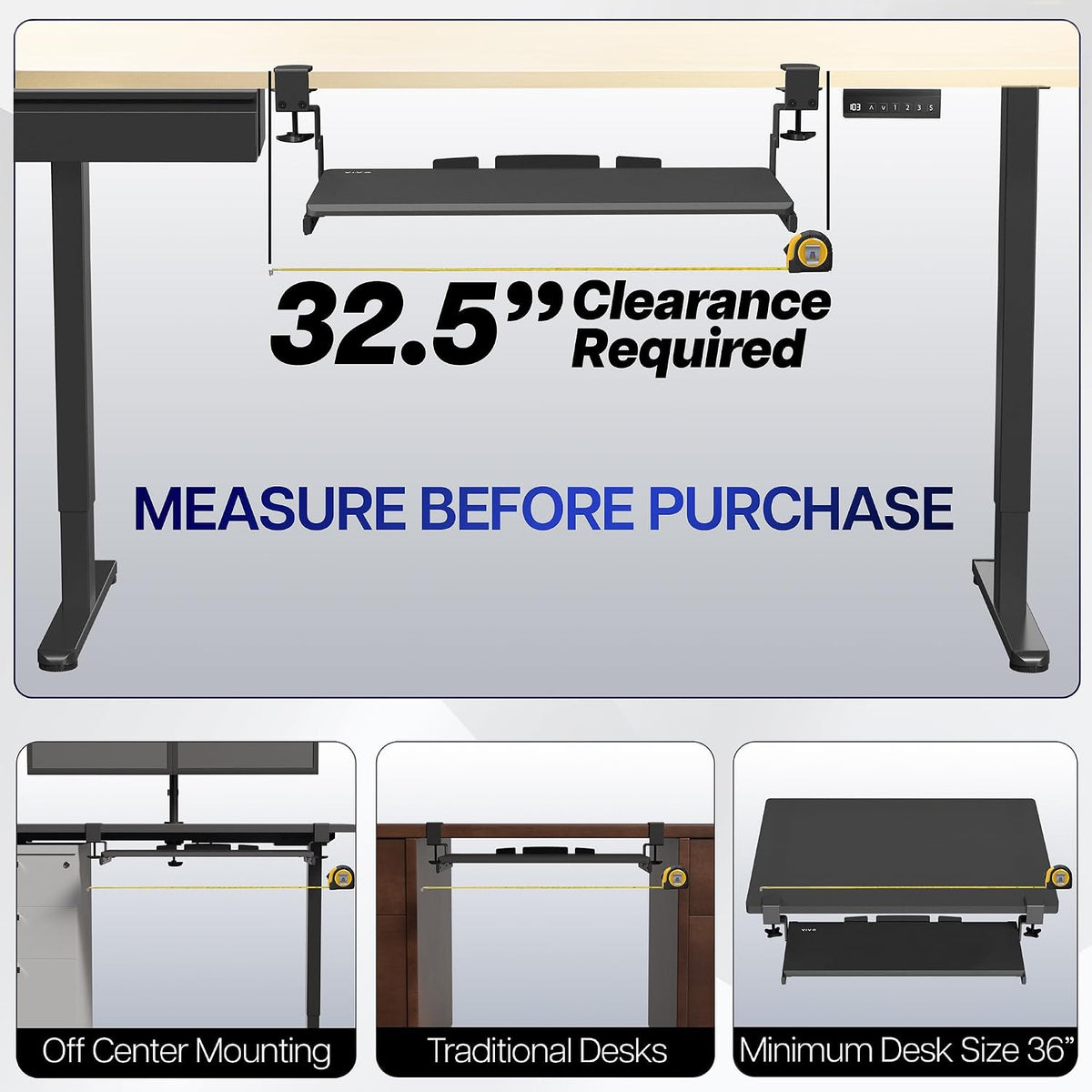 Black Clamp-on 23” to 30” x 11" Adjustable Keyboard Tray, Mount-KBST1