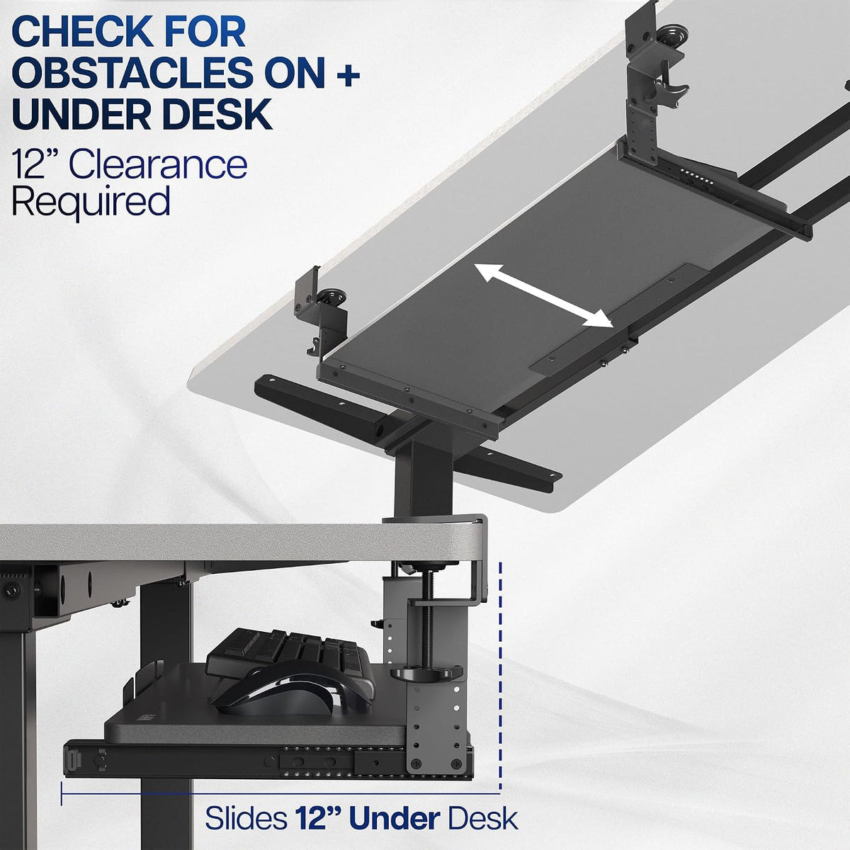 Black Clamp-on 23” to 30” x 11" Adjustable Keyboard Tray, Mount-KBST1