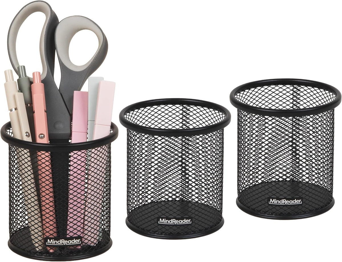 Pen and Accessories Holder, Desktop Organizer, Office, Metal Mesh, 3.5"L x 3.5"W x 3.75"H, Set of 3, Black