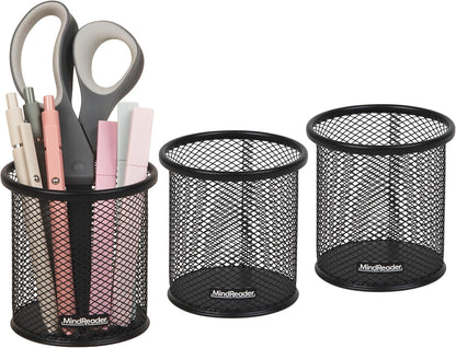 Pen and Accessories Holder, Desktop Organizer, Office, Metal Mesh, 3.5"L x 3.5"W x 3.75"H, Set of 3, Black