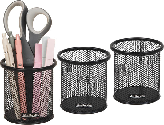 Pen and Accessories Holder, Desktop Organizer, Office, Metal Mesh, 3.5"L x 3.5"W x 3.75"H, Set of 3, Black