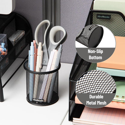 Pen and Accessories Holder, Desktop Organizer, Office, Metal Mesh, 3.5"L x 3.5"W x 3.75"H, Set of 3, Black