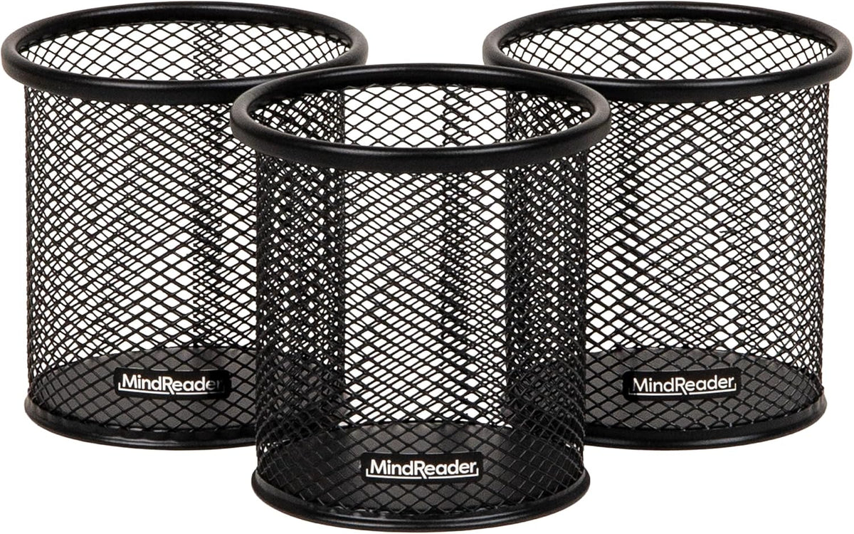 Pen and Accessories Holder, Desktop Organizer, Office, Metal Mesh, 3.5"L x 3.5"W x 3.75"H, Set of 3, Black