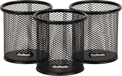 Pen and Accessories Holder, Desktop Organizer, Office, Metal Mesh, 3.5"L x 3.5"W x 3.75"H, Set of 3, Black