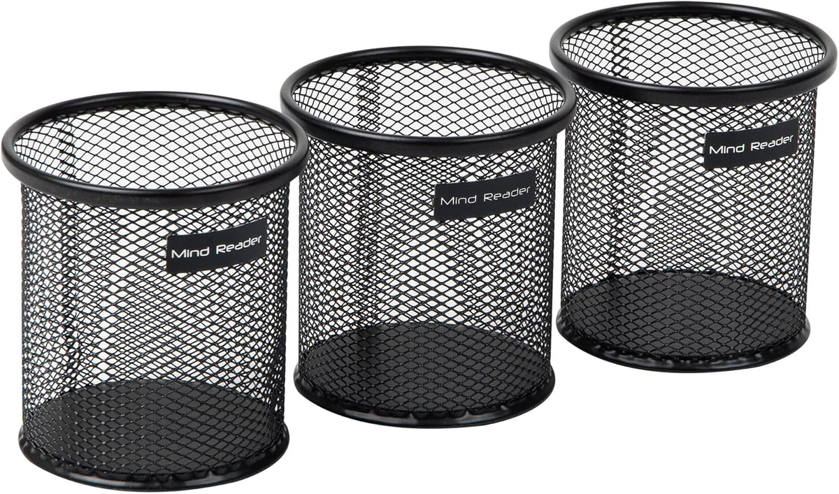 Pen and Accessories Holder, Desktop Organizer, Office, Metal Mesh, 3.5"L x 3.5"W x 3.75"H, Set of 3, Black