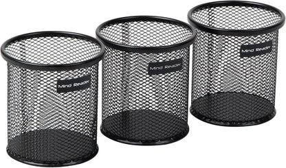 Pen and Accessories Holder, Desktop Organizer, Office, Metal Mesh, 3.5"L x 3.5"W x 3.75"H, Set of 3, Black