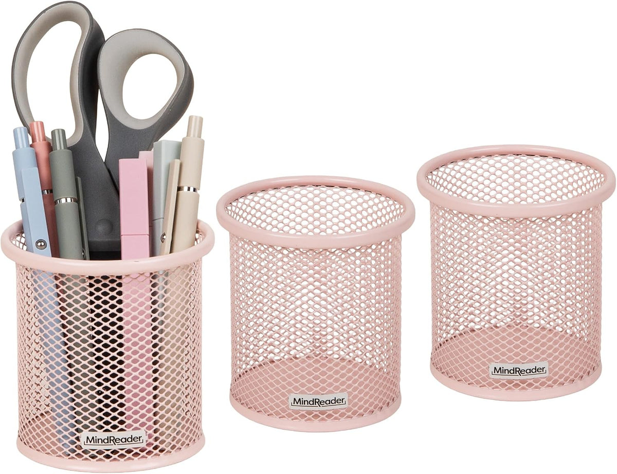 Pen and Accessories Holder, Desktop Organizer, Office, Metal Mesh, 3.5"L x 3.5"W x 3.75"H, Set of 3, Black