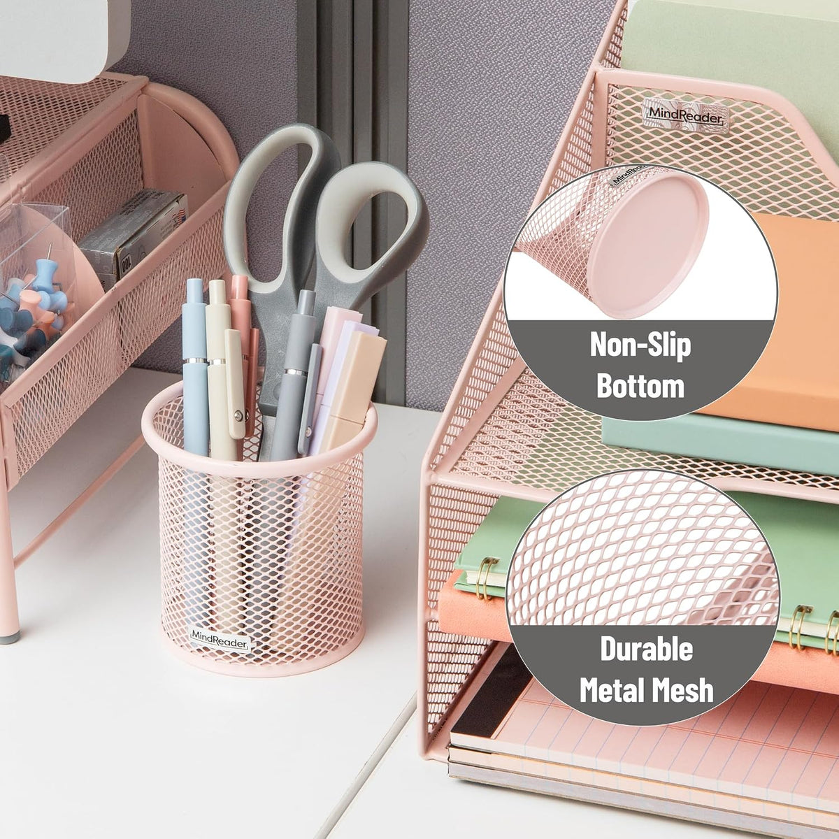 Pen and Accessories Holder, Desktop Organizer, Office, Metal Mesh, 3.5"L x 3.5"W x 3.75"H, Set of 3, Black