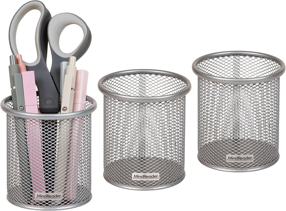 Pen and Accessories Holder, Desktop Organizer, Office, Metal Mesh, 3.5"L x 3.5"W x 3.75"H, Set of 3, Black