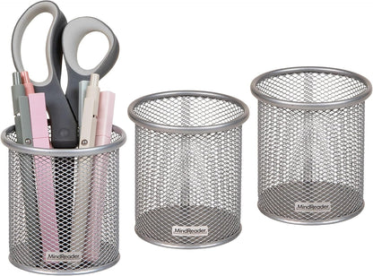 Pen and Accessories Holder, Desktop Organizer, Office, Metal Mesh, 3.5"L x 3.5"W x 3.75"H, Set of 3, Black