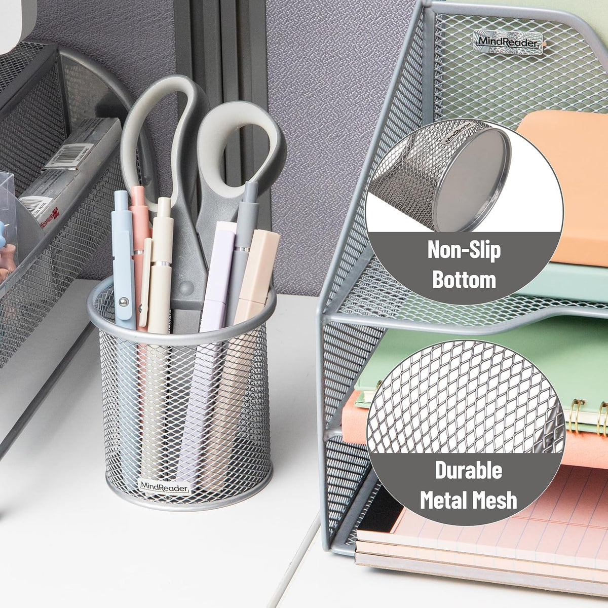 Pen and Accessories Holder, Desktop Organizer, Office, Metal Mesh, 3.5"L x 3.5"W x 3.75"H, Set of 3, Black