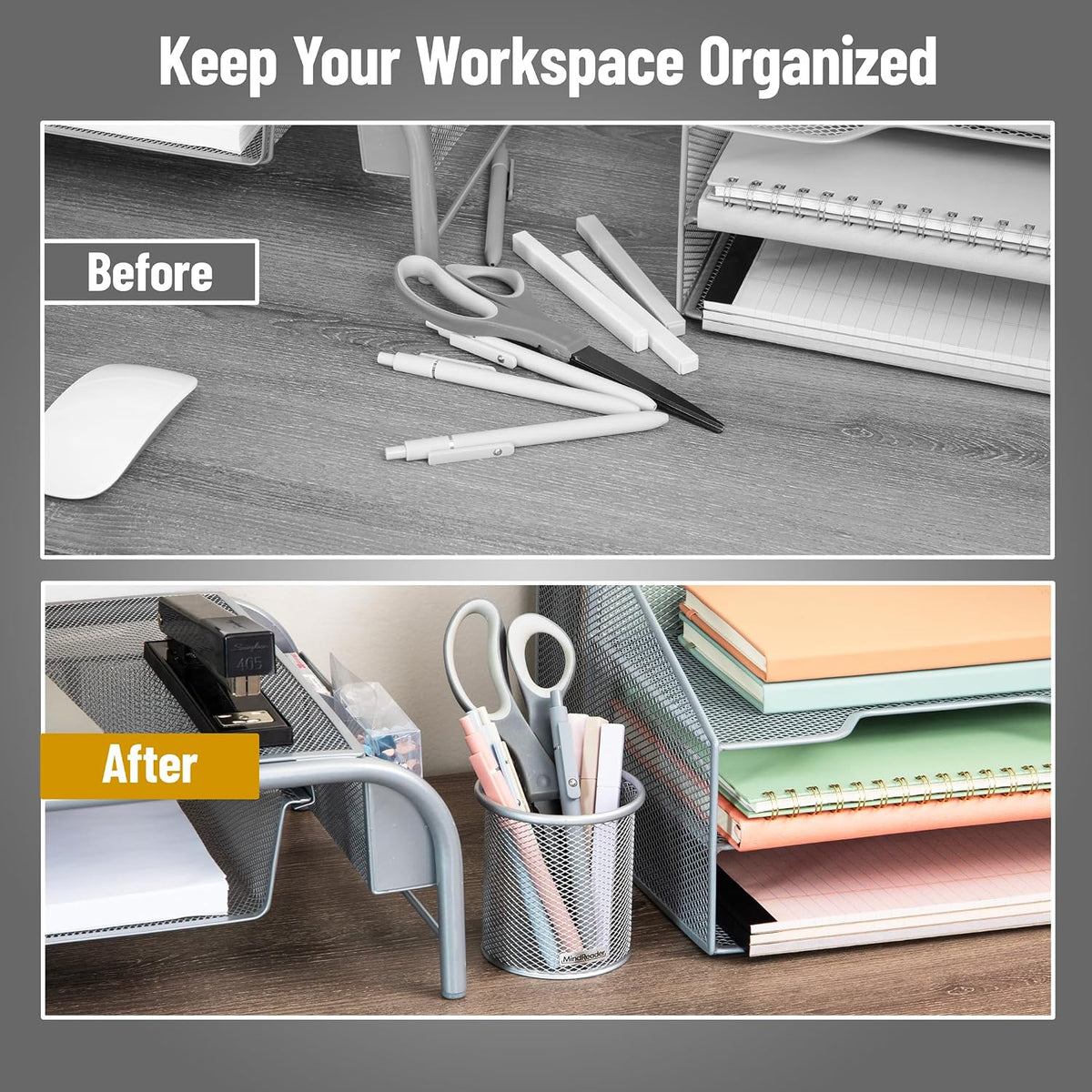 Pen and Accessories Holder, Desktop Organizer, Office, Metal Mesh, 3.5"L x 3.5"W x 3.75"H, Set of 3, Black