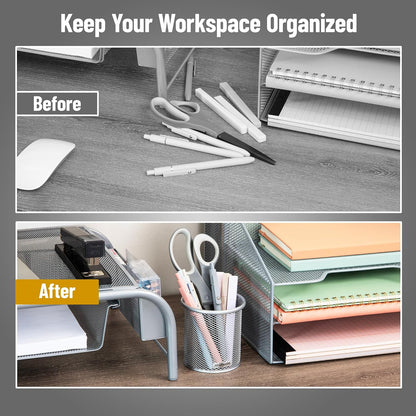 Pen and Accessories Holder, Desktop Organizer, Office, Metal Mesh, 3.5"L x 3.5"W x 3.75"H, Set of 3, Black