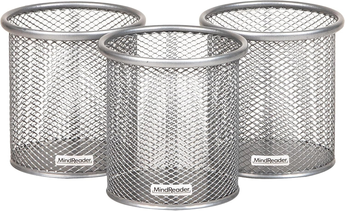 Pen and Accessories Holder, Desktop Organizer, Office, Metal Mesh, 3.5"L x 3.5"W x 3.75"H, Set of 3, Black