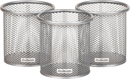 Pen and Accessories Holder, Desktop Organizer, Office, Metal Mesh, 3.5"L x 3.5"W x 3.75"H, Set of 3, Black