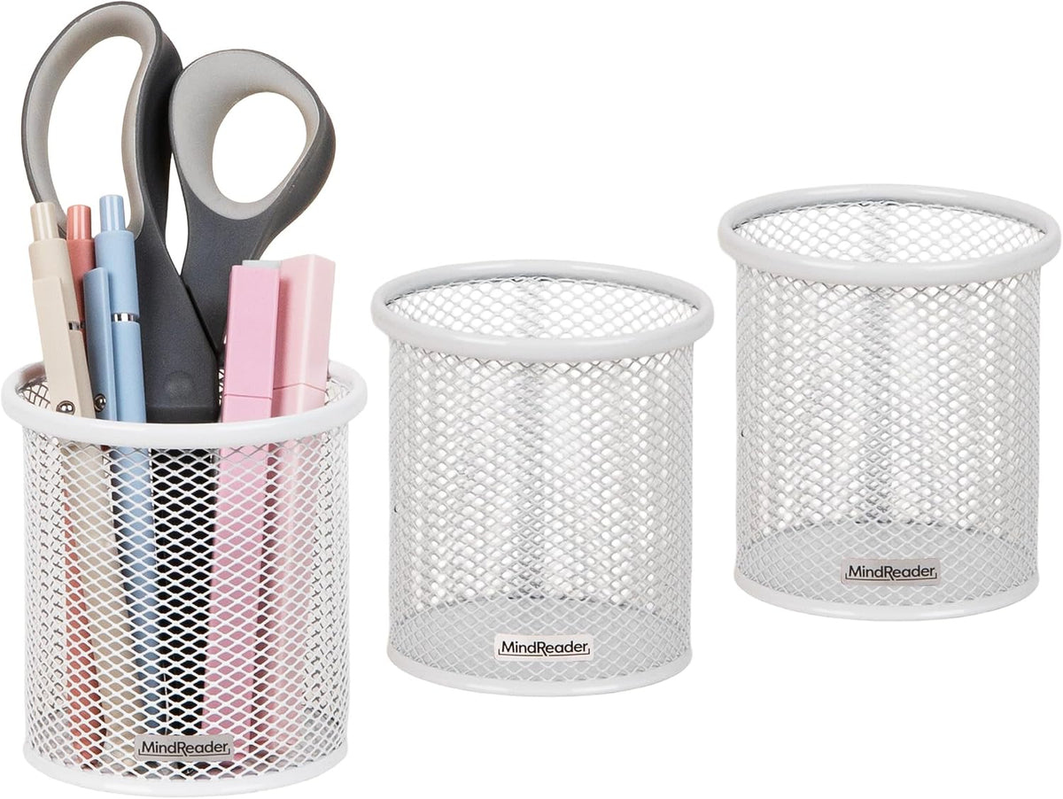 Pen and Accessories Holder, Desktop Organizer, Office, Metal Mesh, 3.5"L x 3.5"W x 3.75"H, Set of 3, Black