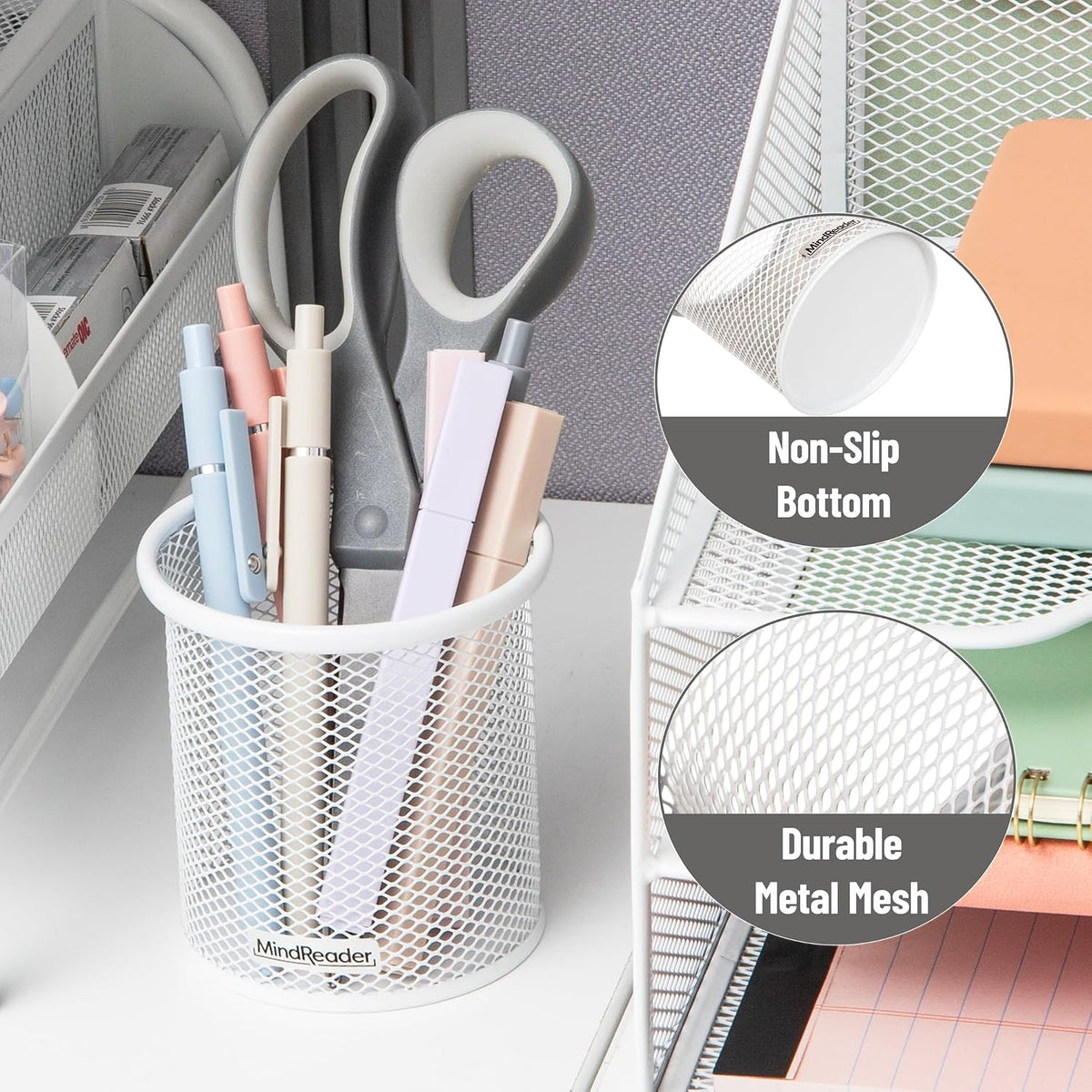 Pen and Accessories Holder, Desktop Organizer, Office, Metal Mesh, 3.5"L x 3.5"W x 3.75"H, Set of 3, Black