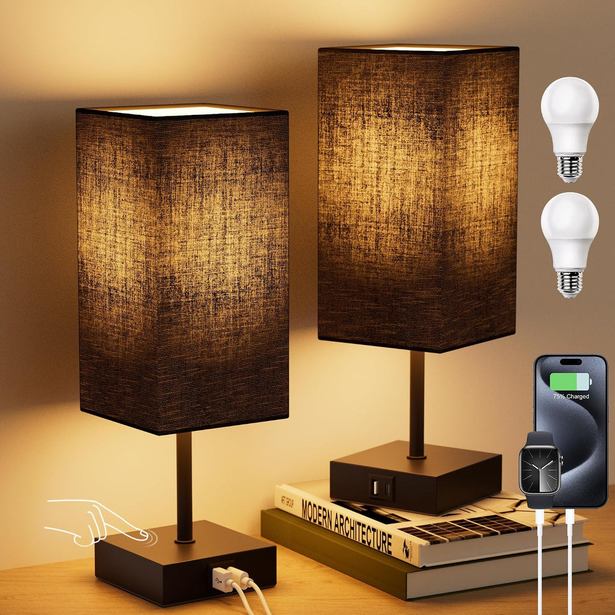 Bedside Table Lamp for Bedroom with 2 USB Ports, 14-Inch, Black