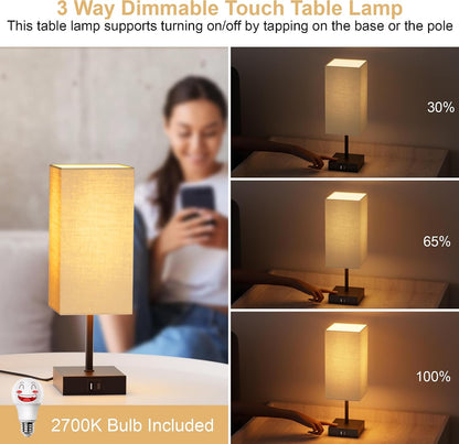 Bedside Table Lamp for Bedroom with 2 USB Ports, 14-Inch, Black