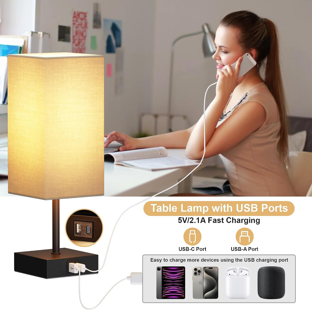 Bedside Table Lamp for Bedroom with 2 USB Ports, 14-Inch, Black