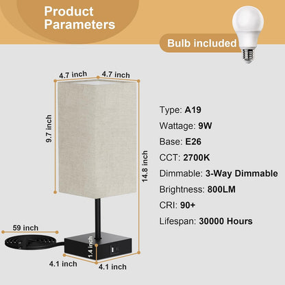 Bedside Table Lamp for Bedroom with 2 USB Ports, 14-Inch, Black