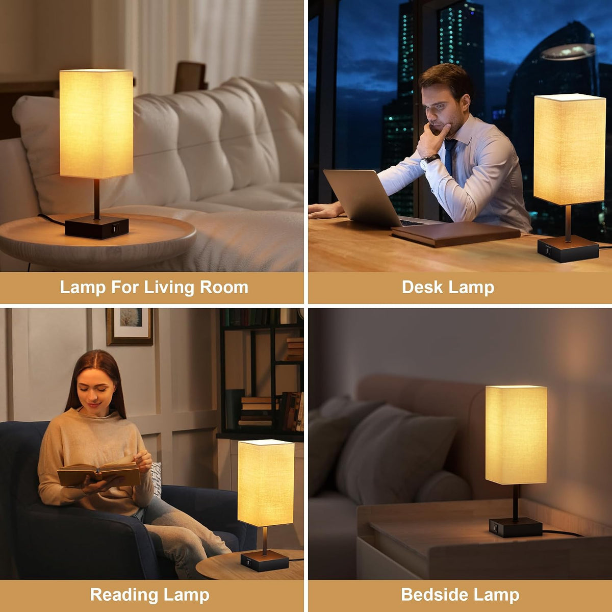 Bedside Table Lamp for Bedroom with 2 USB Ports, 14-Inch, Black