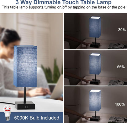 Bedside Table Lamp for Bedroom with 2 USB Ports, 14-Inch, Black