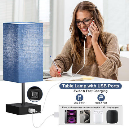 Bedside Table Lamp for Bedroom with 2 USB Ports, 14-Inch, Black