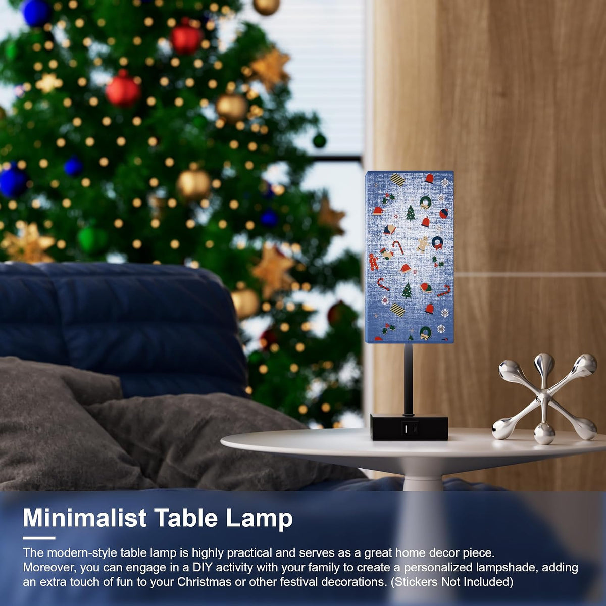 Bedside Table Lamp for Bedroom with 2 USB Ports, 14-Inch, Black
