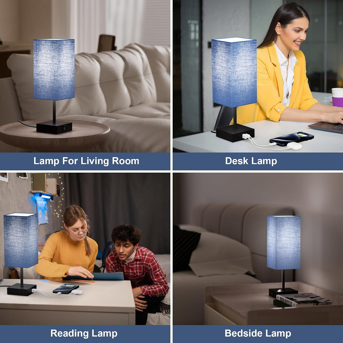 Bedside Table Lamp for Bedroom with 2 USB Ports, 14-Inch, Black