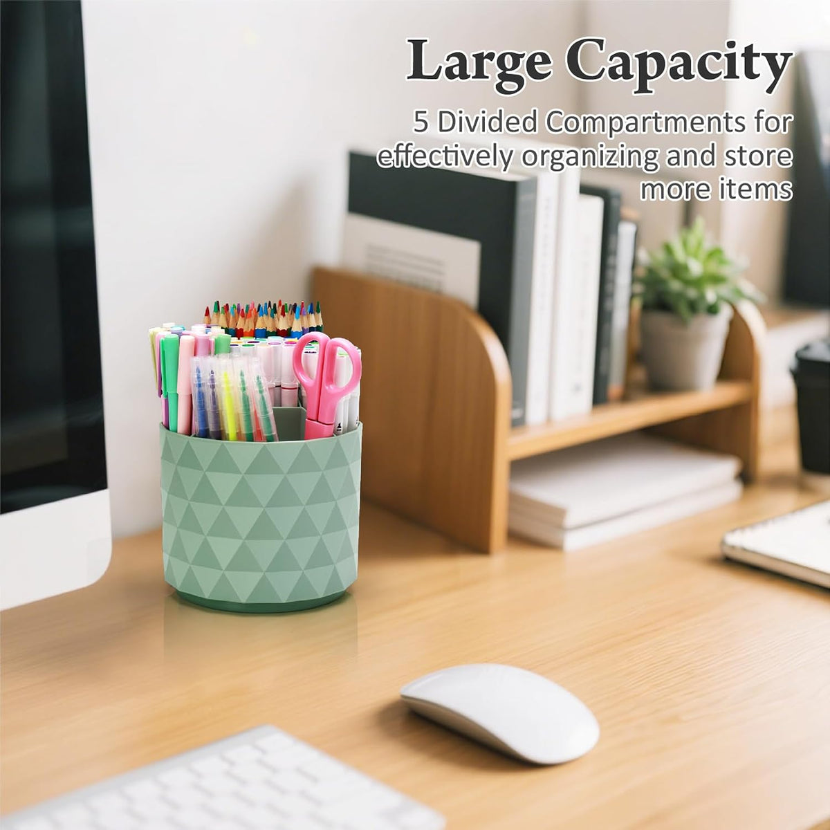 Cute Pencil Holders For Desk,360-Degree Rotating Pen Holders For Home Office,Diamond-like Pen Organizer With 5 Compartments,Stylish Desk Accessories For Office,School ,Home ,Art Supply (White)