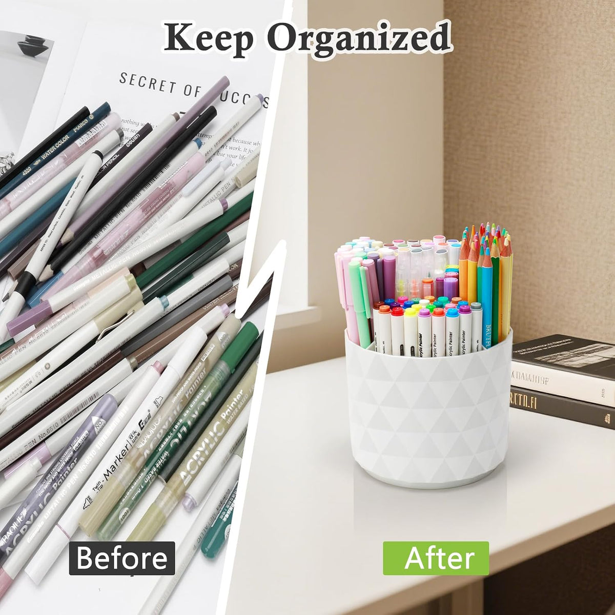Cute Pencil Holders For Desk,360-Degree Rotating Pen Holders For Home Office,Diamond-like Pen Organizer With 5 Compartments,Stylish Desk Accessories For Office,School ,Home ,Art Supply (White)
