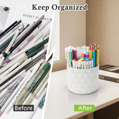 Cute Pencil Holders For Desk,360-Degree Rotating Pen Holders For Home Office,Diamond-like Pen Organizer With 5 Compartments,Stylish Desk Accessories For Office,School ,Home ,Art Supply (White)