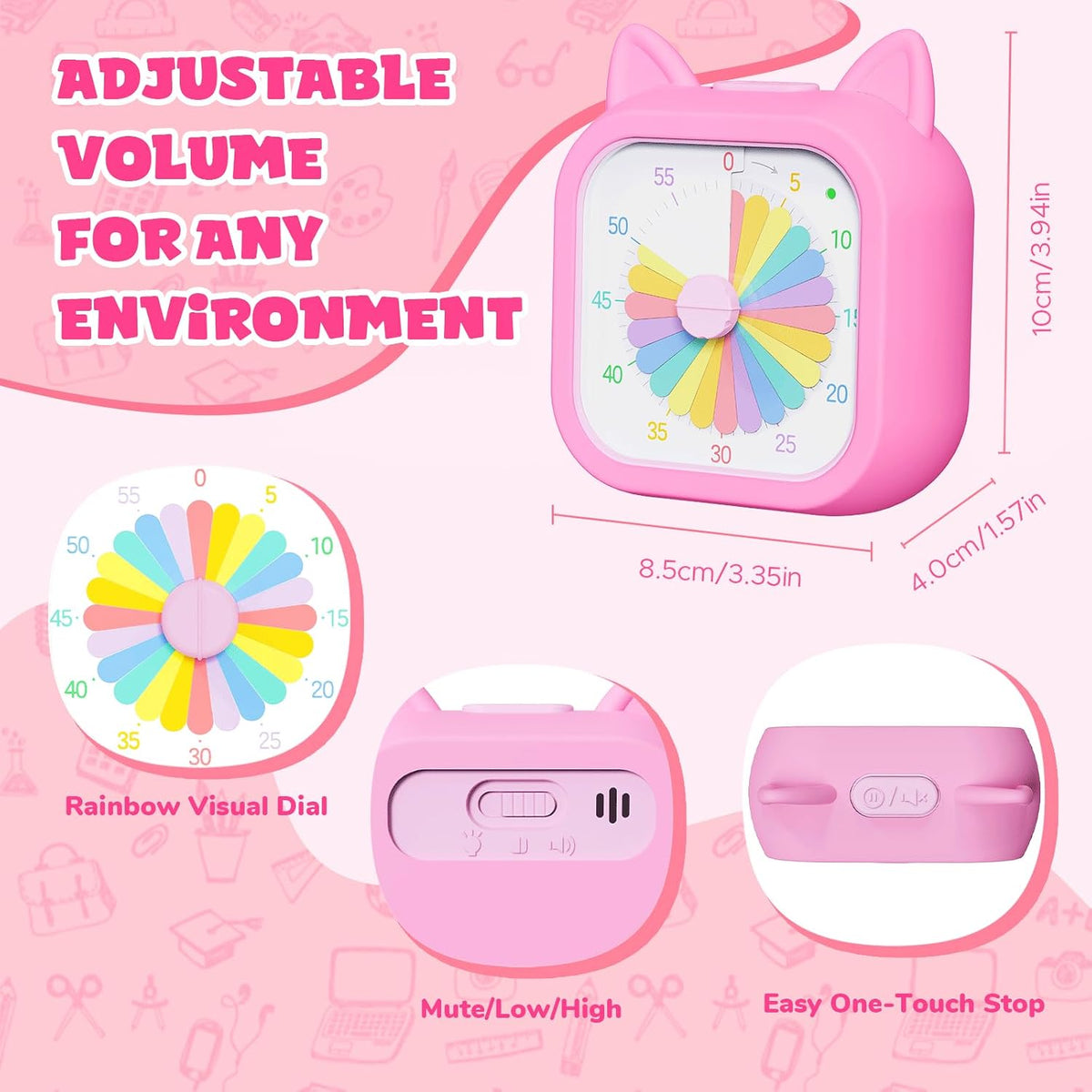 Cat Visual Timer for Kids, 60 Min Countdown, 3 Sound Modes