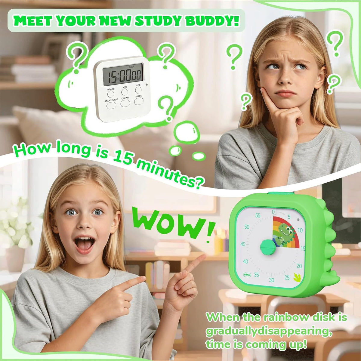 Cat Visual Timer for Kids, 60 Min Countdown, 3 Sound Modes
