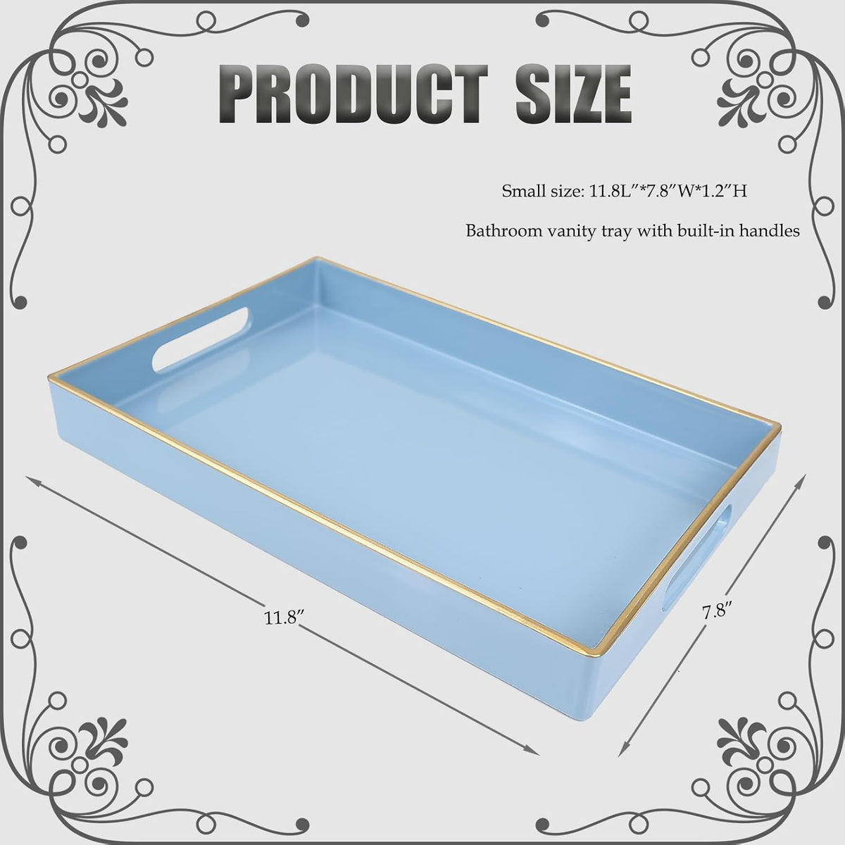 Blue Bathroom Vanity Tray with Handles for Dresser Tops