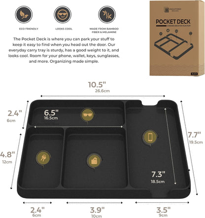 Pocket Deck Valet Tray (Black) for Men. Everyday Carry EDC Caddy Bamboo Organizer. Perfect for Night Stand, Bedside, Dresser, Desk, Office, Bedroom. with Phone Charger. Storage Slots for Wallet, Keys