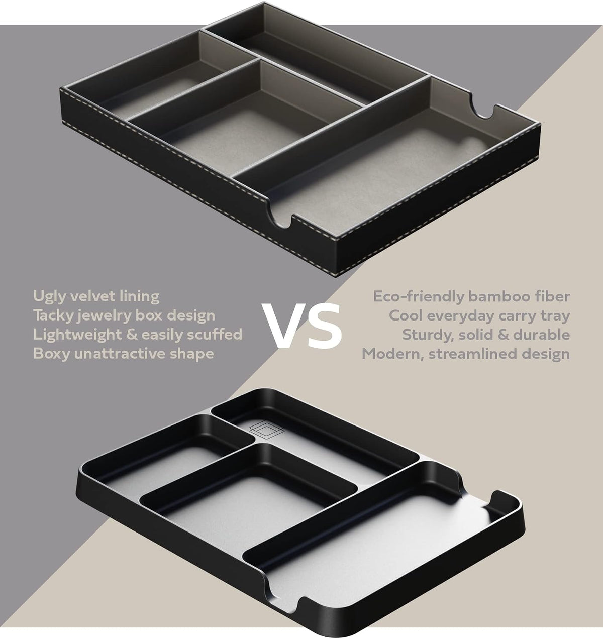 Pocket Deck Valet Tray (Black) for Men. Everyday Carry EDC Caddy Bamboo Organizer. Perfect for Night Stand, Bedside, Dresser, Desk, Office, Bedroom. with Phone Charger. Storage Slots for Wallet, Keys