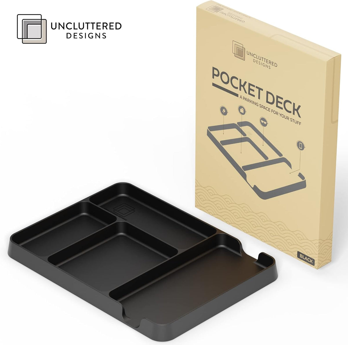 Pocket Deck Valet Tray (Black) for Men. Everyday Carry EDC Caddy Bamboo Organizer. Perfect for Night Stand, Bedside, Dresser, Desk, Office, Bedroom. with Phone Charger. Storage Slots for Wallet, Keys