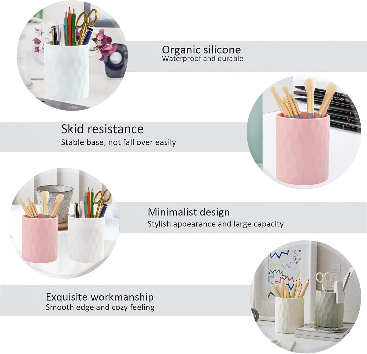 Pen Holder,Nordic Style Silicone Waterproof Pencil Holder for Desk Simple&Modern Minimalist Makeup Organizer Multifunctional Office Supplies for Home,Kids and School(Beige)