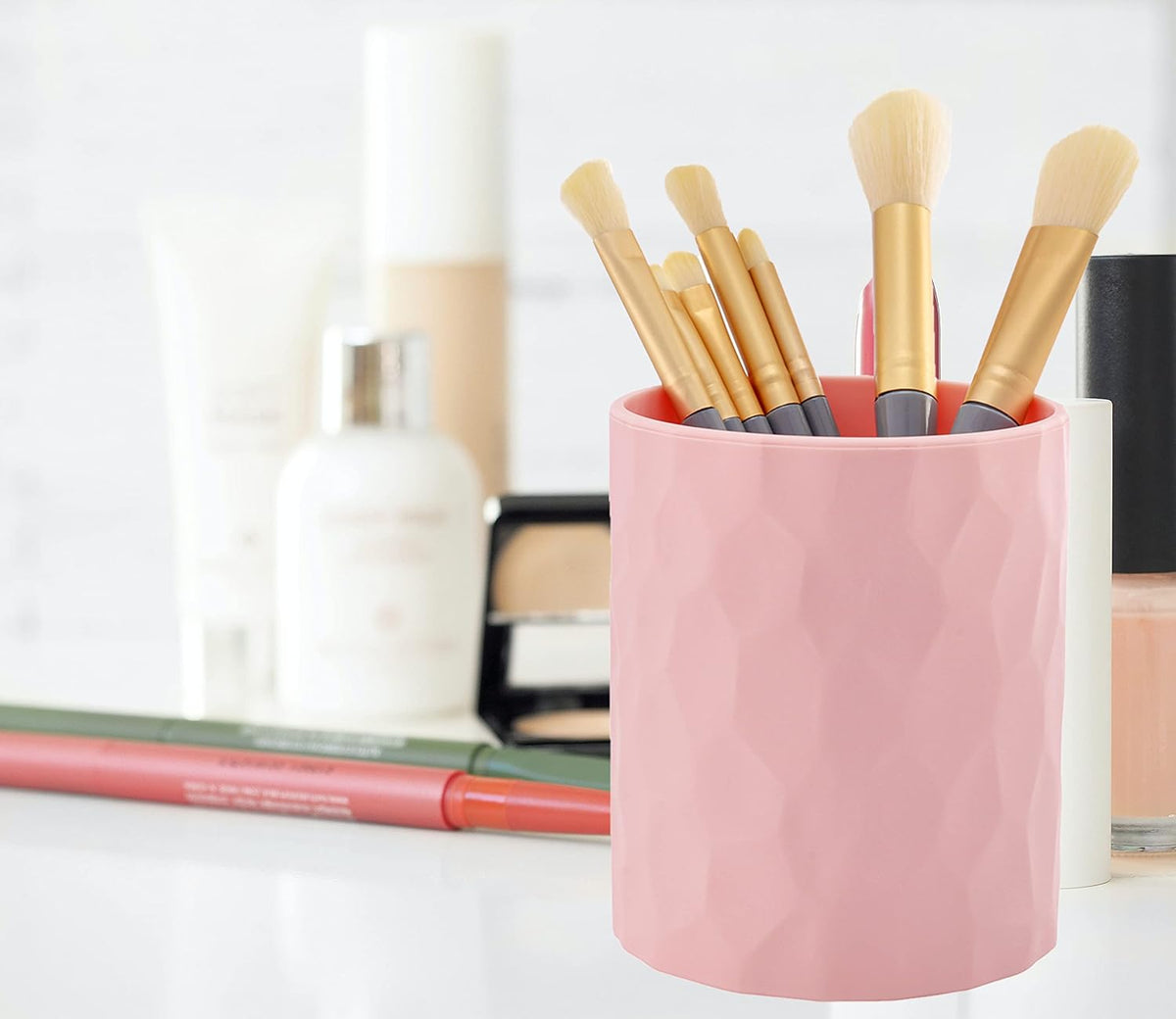 Pen Holder,Nordic Style Silicone Waterproof Pencil Holder for Desk Simple&Modern Minimalist Makeup Organizer Multifunctional Office Supplies for Home,Kids and School(Beige)