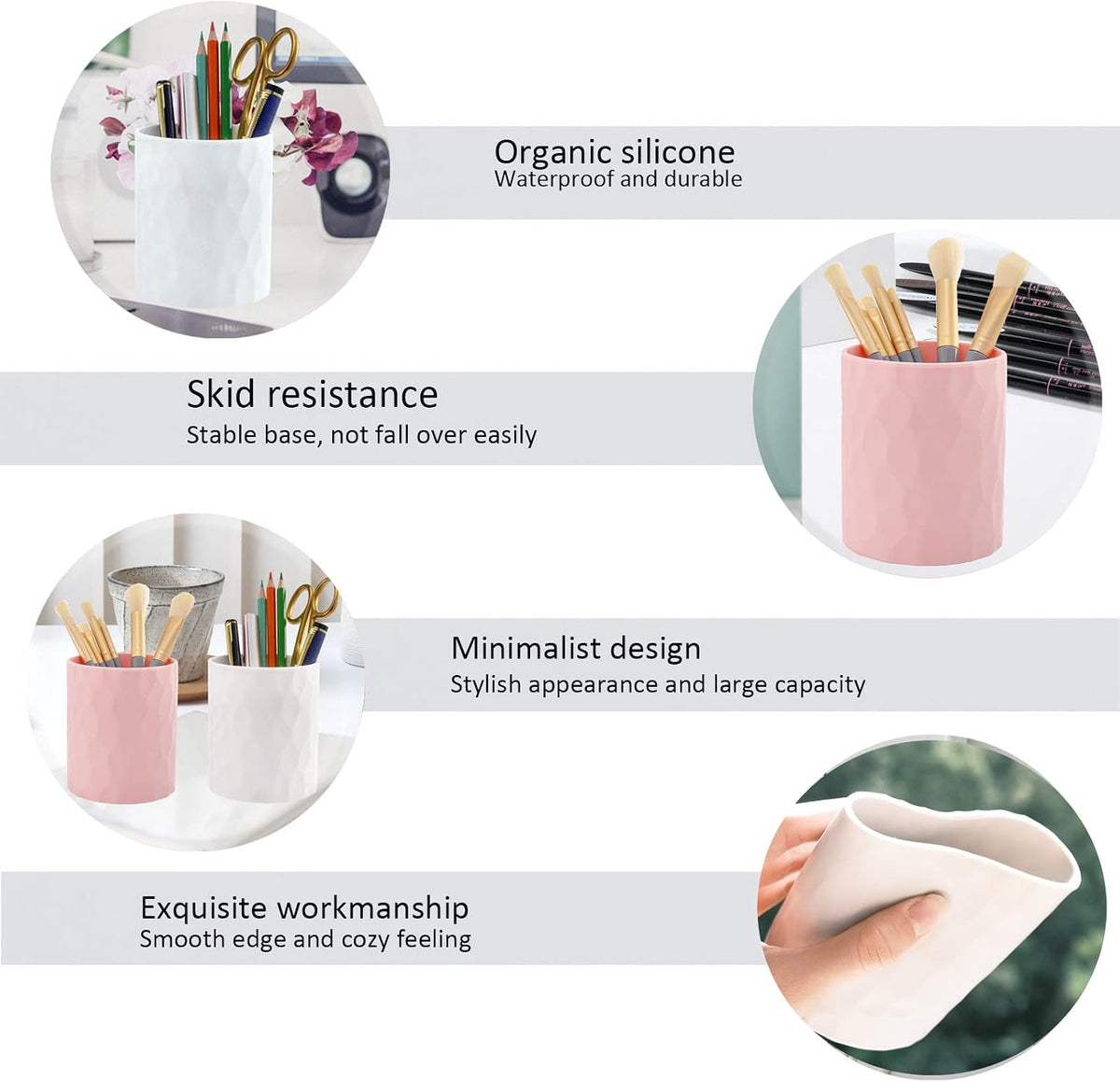 Pen Holder,Nordic Style Silicone Waterproof Pencil Holder for Desk Simple&Modern Minimalist Makeup Organizer Multifunctional Office Supplies for Home,Kids and School(Beige)