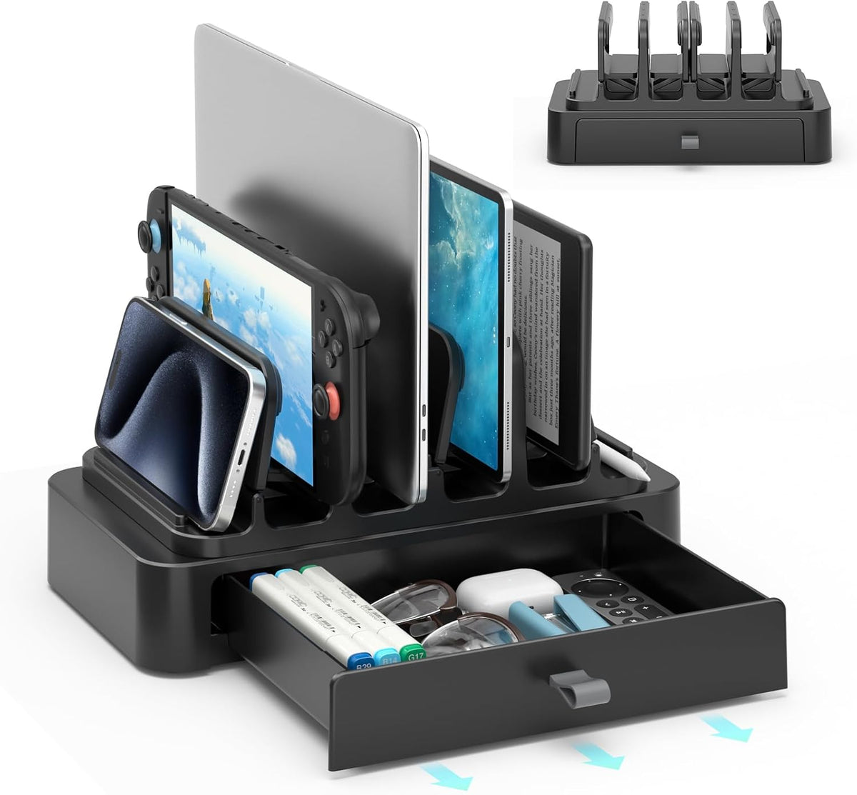 Vertical Laptop Stand with Drawer - 7-in-1 Space-Saving Laptop Holder with Gravity Locking Fits MacBook, Dell, HP, Chromebook, Surface Pro, Tablet, Cell Phone, Switch, Keyboard Desktop Organizer
