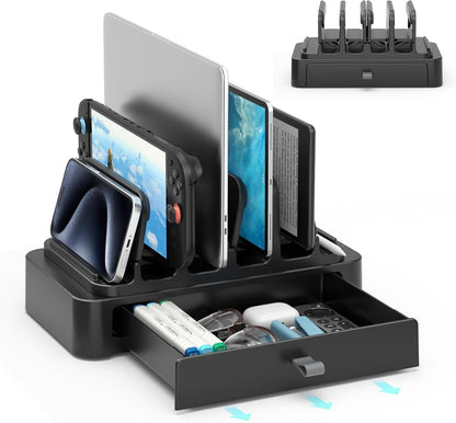 Vertical Laptop Stand with Drawer - 7-in-1 Space-Saving Laptop Holder with Gravity Locking Fits MacBook, Dell, HP, Chromebook, Surface Pro, Tablet, Cell Phone, Switch, Keyboard Desktop Organizer