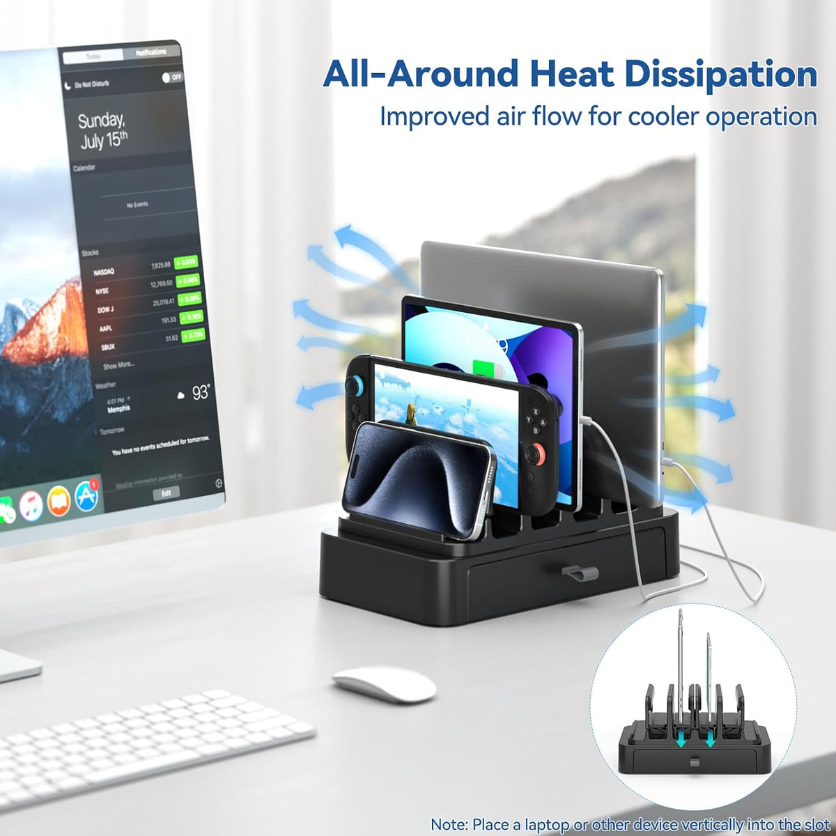 Vertical Laptop Stand with Drawer - 7-in-1 Space-Saving Laptop Holder with Gravity Locking Fits MacBook, Dell, HP, Chromebook, Surface Pro, Tablet, Cell Phone, Switch, Keyboard Desktop Organizer